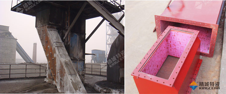Installation of wear ceramic in blanking chute (three-in-one liner + stud welding)